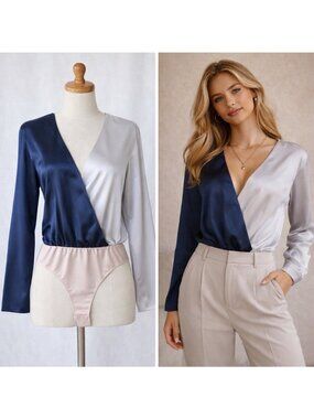 Strut & Bolt Blue Silver Bodysuit Blouse Medium Dolman Sleeve Lightweight Snap